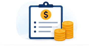 Clipboard with a dollar sign and coin stacks